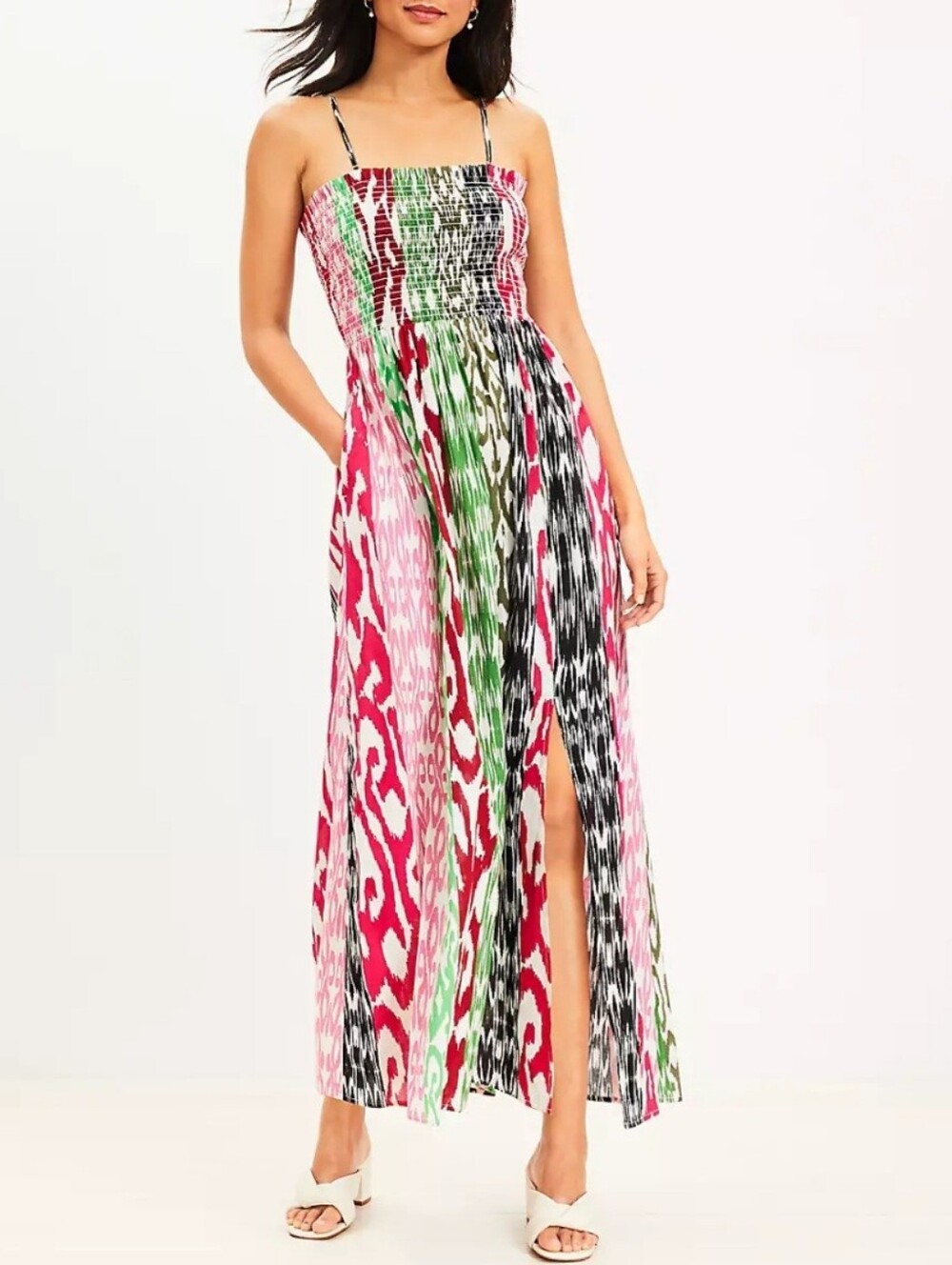 LOFT BEACH Pink Green Black Multi Colored Smocked Maxi Cami Dress Size XL